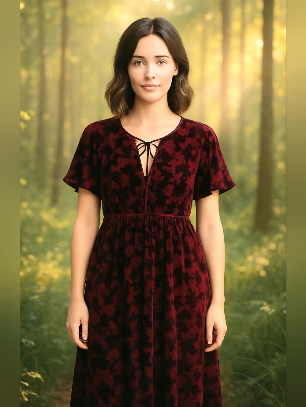 Velvet Burnout Maxi Dress - Burgundy Floral Pattern Pop-over Flutter Sleeve